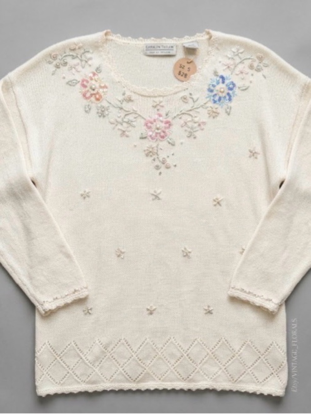 Carolyn Taylor Cream Floral Embroidered Scoop Neck Sweater